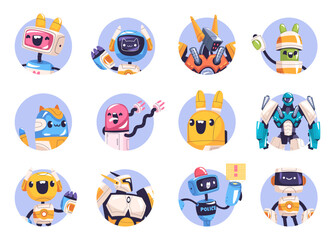 Wall Mural - Robot avatars. Space robots portrait social media avatars, robotic head face game bot funny cartoon character future technology monster toys cute chatbot mascot vector illustration