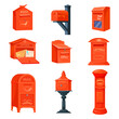 English mailboxes. Cartoon letterbox, red postbox uk london postal service, british royal post box old street mailbox for receiving mail letters to address neat vector illustration