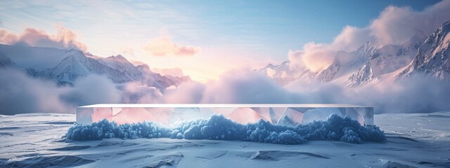 Sticker - Ice podium background snow winter product platform cold mountain 3D. Podium ice display background cosmetic sky floor blue scene landscape frozen white cool stand pedestal minimal rock glacier nature.