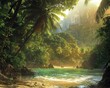 As the intrepid explorers set foot on the untouched shores of a mysterious island, the lush rainforest canopy above them casts dappled sunlight on the scene Realistic, Golden hour,