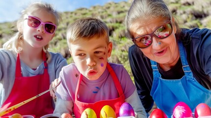 Sticker - Family having fun together for Easter. Family, parents and children unity concept