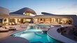 Stunning curved modern desert retreat seamlessly blending indoor/outdoor living with pools and courtyards.