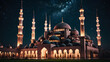 A majestic mosque illuminated against the night sky, with intricate geometric patterns adorning its walls and minarets reaching towards the heavens
