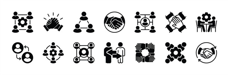 Wall Mural - Management business collaboration icon set. Containing teamwork, community, connection, cooperation, discussion, handshake, friendship, partnership, network. Vector illustration