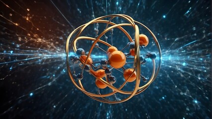 An atom in three dimensions with a background of nanotechnology, atom, According to nuclear physics, the small, dense region at an atom's center that is made up of protons and neutrons 