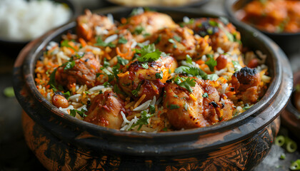 A mouth-watering chicken dum biryani cooked in a traditional handi, exuding aromatic and flavorful spices. Perfect for a festive celebration or any meal.