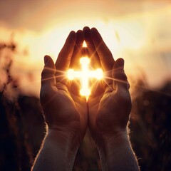 Wall Mural - Spiritual Devotion: Human Hands Open in Prayer with a Cross Against a Sunset Sky - A Symbol of Faith and Hope in Christian Worship