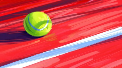 Wall Mural - Create a close-up digital illustration showcasing a tennis ball resting on the clay court, with faint marks indicating