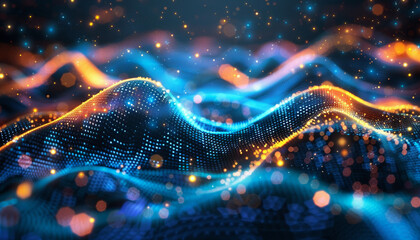 Wall Mural - abstract flowing fluid light particles purple and blue on black background in concept technology, sc
