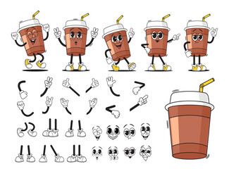 Wall Mural - Cartoon Groovy Cup Of Hot Coffee or Tea Drink Character Creation Kit. Vector Collection Of Disposable Mugs Animation