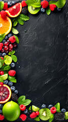 Wall Mural - A black background with a frame of fruit including oranges, kiwis, and raspberries
