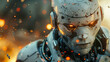 A highly detailed close up of a futuristic robot face showing wear and battle damage with glowing orange eyes.