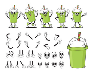 Wall Mural - Cartoon Groovy Cup Of Milkshake, Frothy Coffee Or Smoothies Drink Character Creation Kit. Vector Hippie Plastic Mug