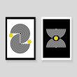 Set of minimal elegant wall decor posters. Black, white and gold geometric shapes made of lines and circles with grunge texture. Creative templates for parties, cards, posters, covers, home decor. 