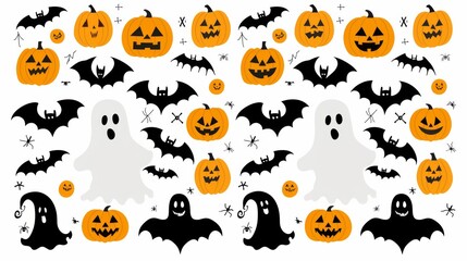 Canvas Print - Create a playful Halloween greeting card featuring spooky ghosts, bats, and jack-o-lanterns, accompanied by a message of fun