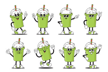 Wall Mural - groovy milkshake, frothy coffee or smoothies cup whimsical character animation set. vector vibrant, 