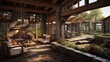 Rustic modern dwelling with timber framing walls of glass integrated indoor/outdoor water features and slate patios.