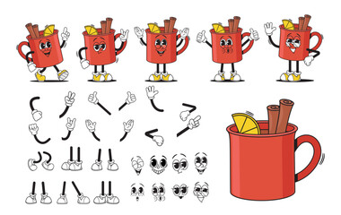 Wall Mural - cartoon red groovy cup of tea drink character creation kit. vector retro hippie beverage, mug person