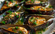 Fresh mussels topped with butter and sprinkled with parsley: a delectable seafood delight