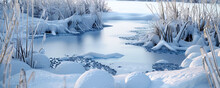 A Tranquil, Frozen Pond Surrounded By Snow-covered Reeds, The Ice And Reeds Detailed Against A Softly Blurred Snowy Landscape, Tinged With Hues Of 