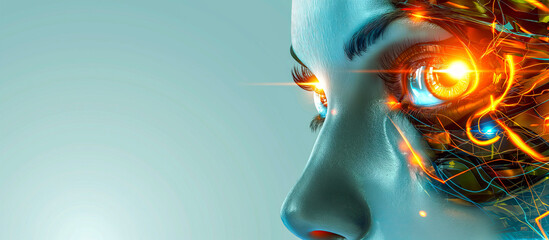 Neural Network of Artificial Mind - Close-up of an AI entity's face, with neural networks illustrating the concept of machine learning and intelligence against a serene blue background