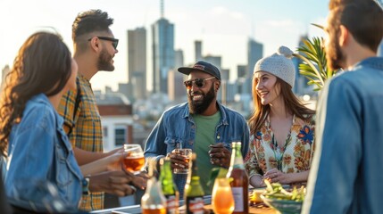 Wall Mural - A group of friends enjoying a rooftop barbecue in an urban setting, city skyline in the background, casual and fun atmosphere. Resplendent.