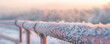 Early morning frost clinging to a metal fence, the cold texture visible against a blurred snowy landscape, offering room for copy.