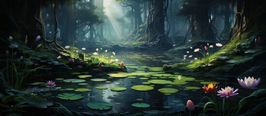 Sticker - A beautiful pond surrounded by a lush forest with vibrant lily pads and colorful flowers, creating a serene natural landscape