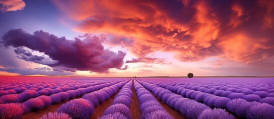 Poster - A picturesque landscape of a field of lavender flowers under a violet sky at dusk, with the sun setting in the background, creating a tranquil atmosphere in the natural environment