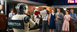 Fototapeta  - Robot, in director’s chair, holding red megaphone, directing scene with actors in film studio, showcasing technology’s integration into creative fields
