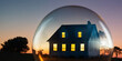 House encapsulated, sunset backdrop, symbolizes fragility and temporary nature of housing bubble