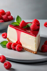 Wall Mural - Tasty raspberries cheesecake with cheesecake on a Light grey stone background.