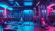 Futuristic gym with neon lights, advanced fitness equipment.