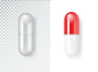 Pill Medical capsule tablet icon isolated on transparent grid background. Vector realistic