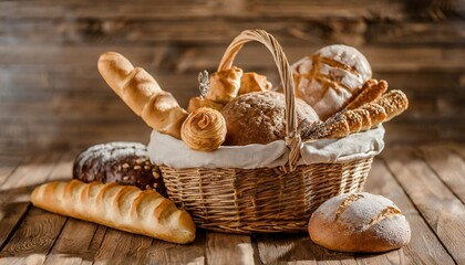 Wall Mural - breadbasket with different bakery products on wooden background