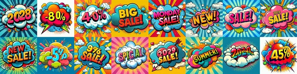 Wall Mural - Sale stickers pop art style. AI generated illustration