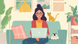 Mulher trabalhando em sua casa com seu gato - Ilustração fofa