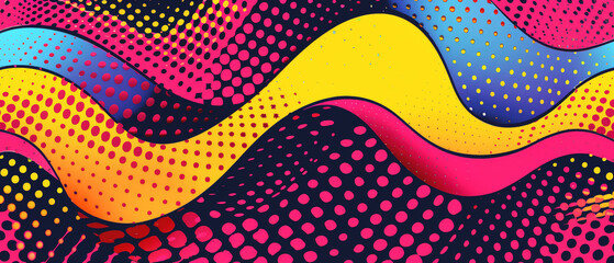 Aufkleber - halftone dots and bright colors wavy lines, pop art background