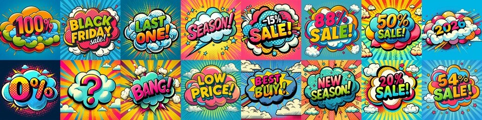 Wall Mural - Sale stickers pop art style. AI generated illustration