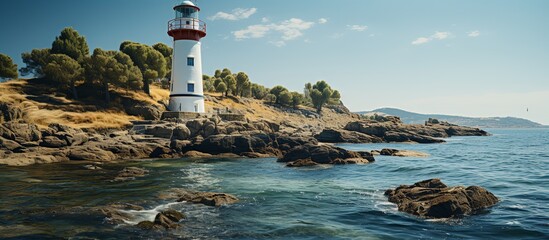 A tall circular lighthouse tower has horizontal red and white colors against a stormy sea