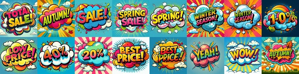 Wall Mural - Sale stickers pop art style. AI generated illustration