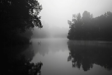 Wall Mural - Mystical Black-and-White Landscape of a Foggy River in the Morning Dawn Amongst Forest