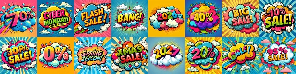 Wall Mural - Sale stickers pop art style. AI generated illustration