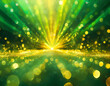 A background of vivid green and yellow hues illuminated by bright lights, creating a dynamic and colorful visual impact. The lights add a glowing effect to the scene
