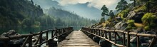 Panoramic View Of Wooden Bridge Over Lake In The Morning Mist
