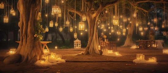 night wedding ceremony with a lot of lights, candles, lanterns