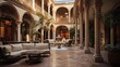 Opulent Venetian-inspired palazzo indoor courtyard lounge with vaulted brick ceilings marble floors carved stone columns and fountains.