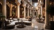 Opulent Venetian-inspired palazzo indoor courtyard lounge with vaulted brick ceilings marble floors carved stone columns and fountains.