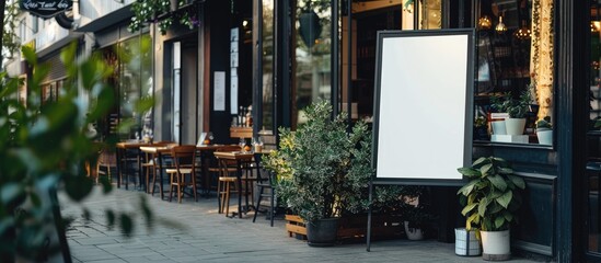 Canvas Print - White paper poster mockup being showcased outside the restaurant building, focusing on marketing and business concept.