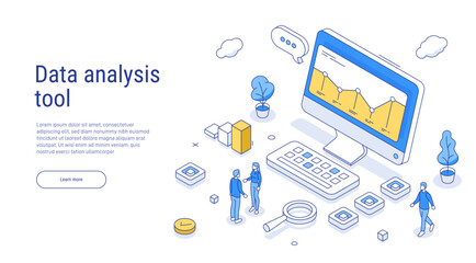 Data analysis tool outline isometric concept. Graph or diagram on a computer screen. Characters working together on project and analyzing report, graphs, charts and other corporate data.
